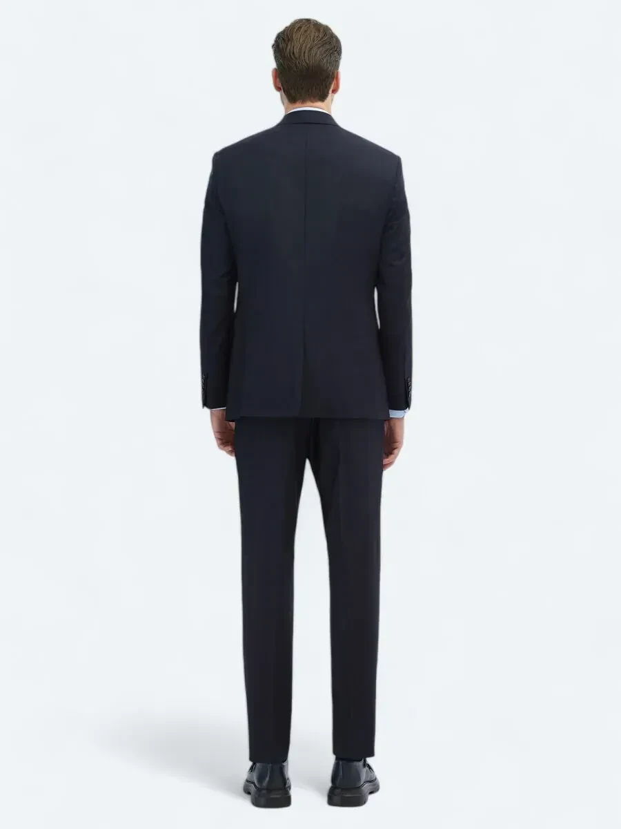 Navy Blue Plain Slim Fit Wool Blended Suit - 5