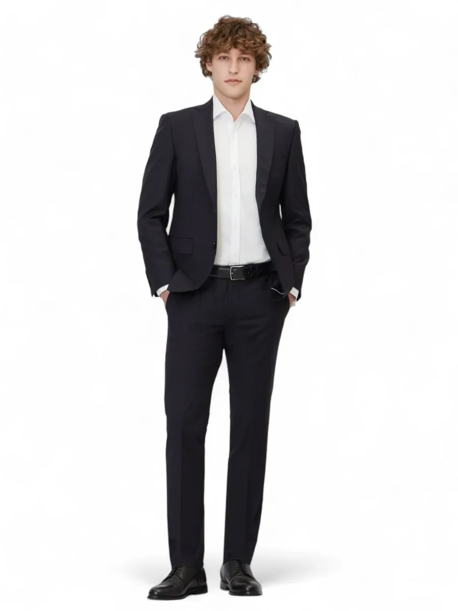 Navy Blue Plain Slim Fit Wool Blended Suit - 2