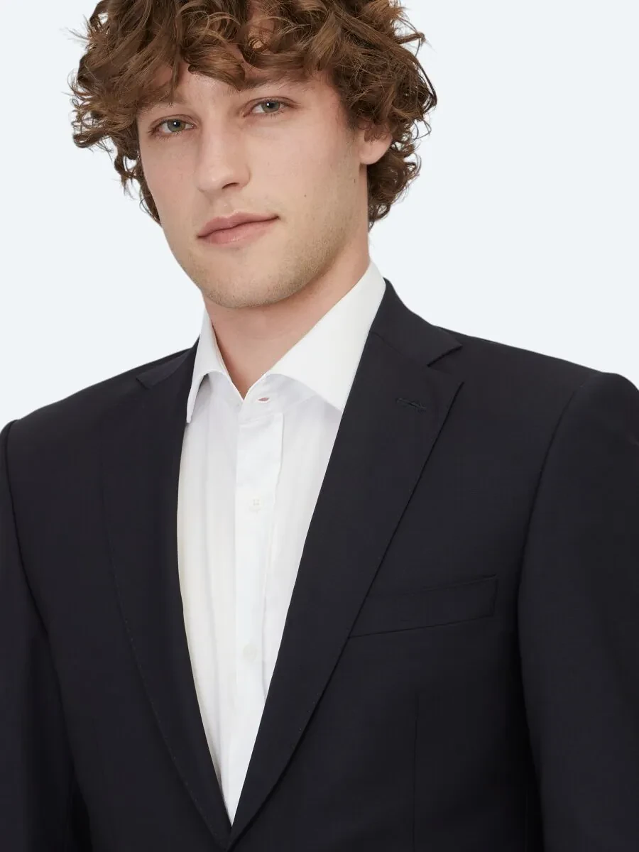 Navy Blue Plain Slim Fit Wool Blended Suit - 3
