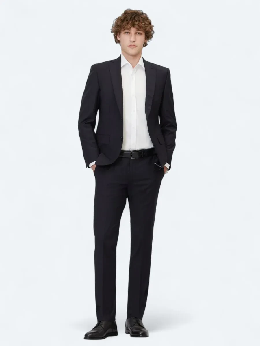 Navy Blue Plain Slim Fit Wool Blended Suit - 2