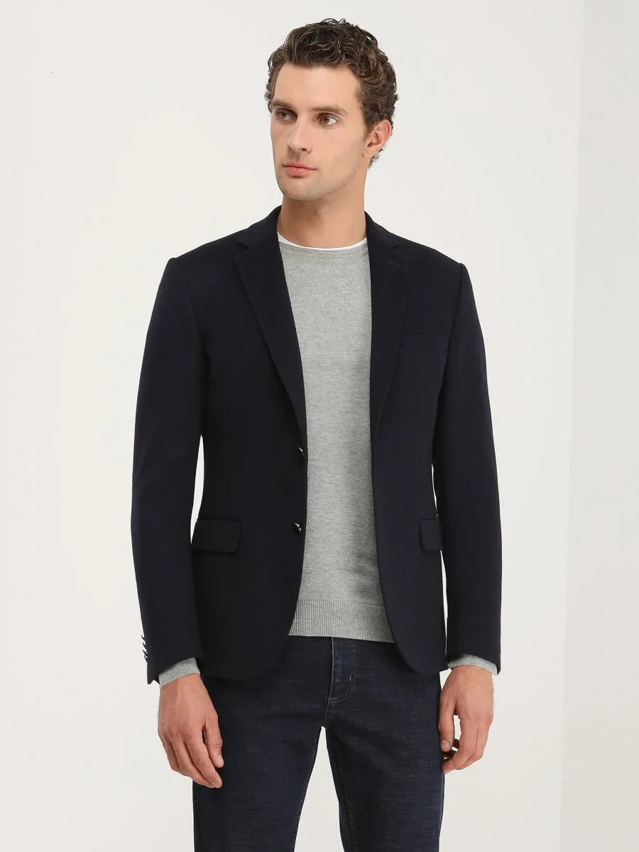 Navy Blue Plain Wool Blended Jacket - 1