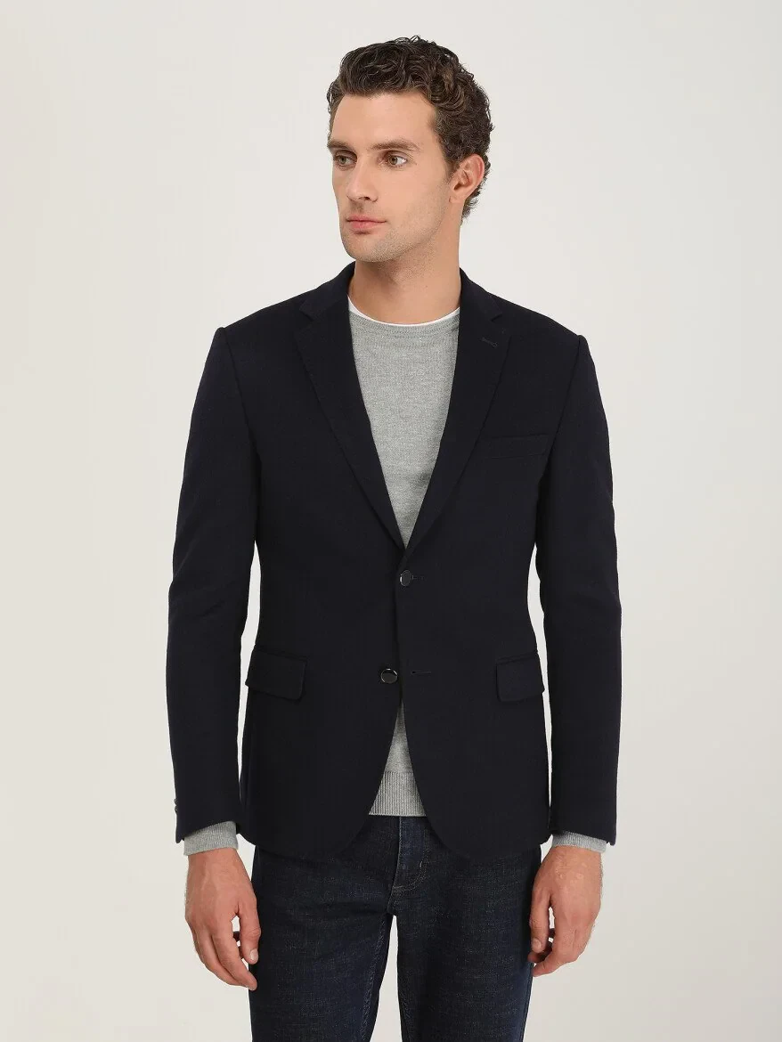 Navy Blue Plain Wool Blended Jacket - 2