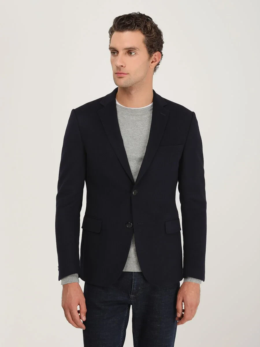 Navy Blue Plain Wool Blended Jacket - 2