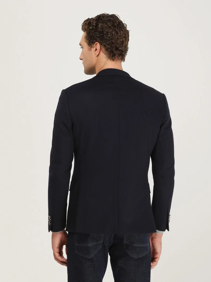 Navy Blue Plain Wool Blended Jacket - 5
