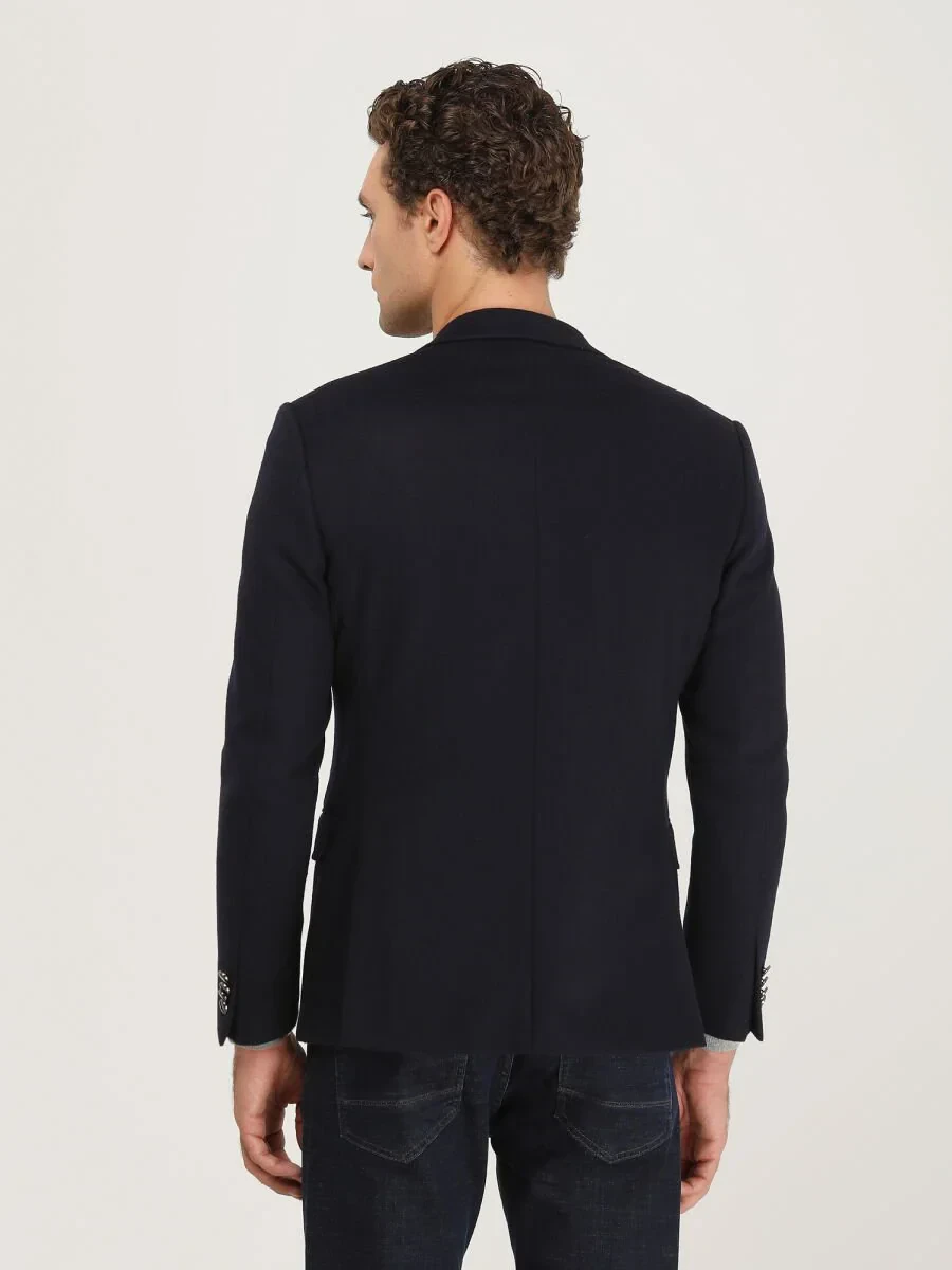Navy Blue Plain Wool Blended Jacket - 5