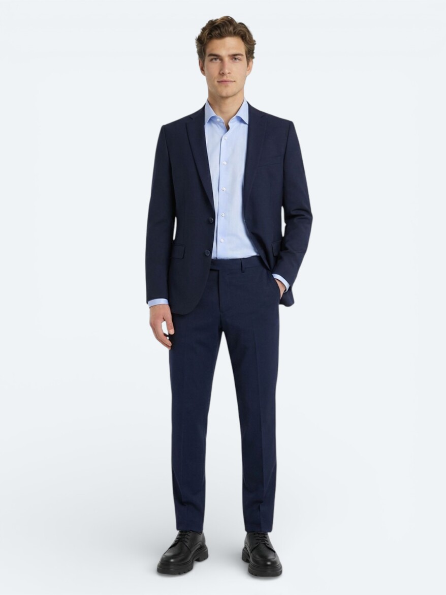 Navy Blue Plain Wool Blended Suit - 2