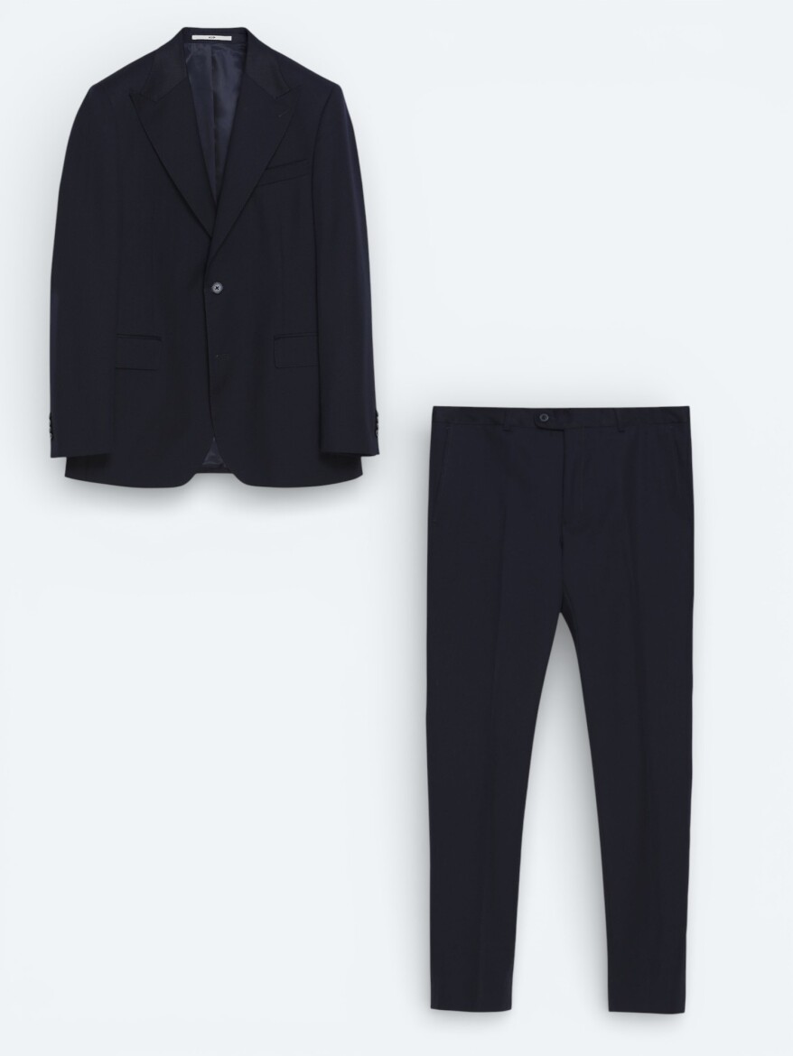 Navy Blue Plain Wool Blended Suit - 1