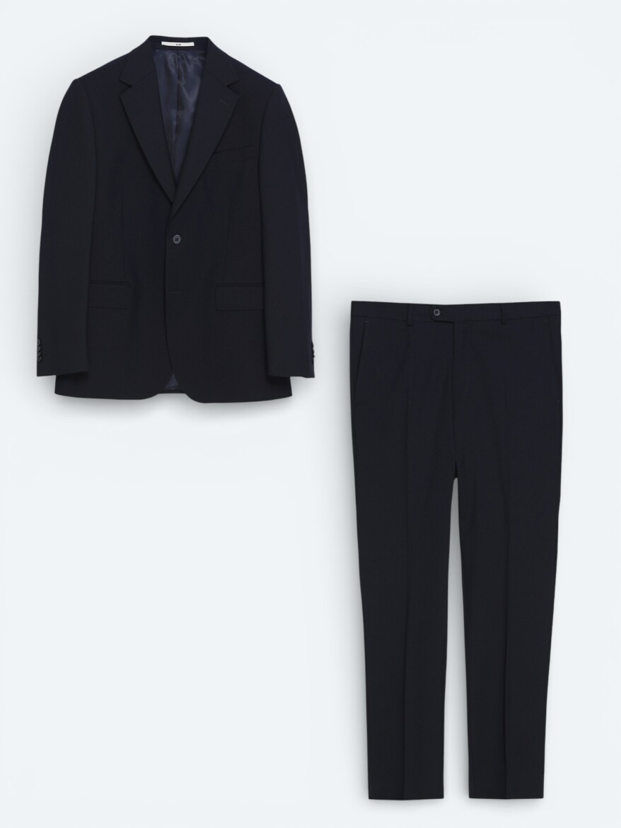 Navy Blue Plain Wool Blended Suit - 1