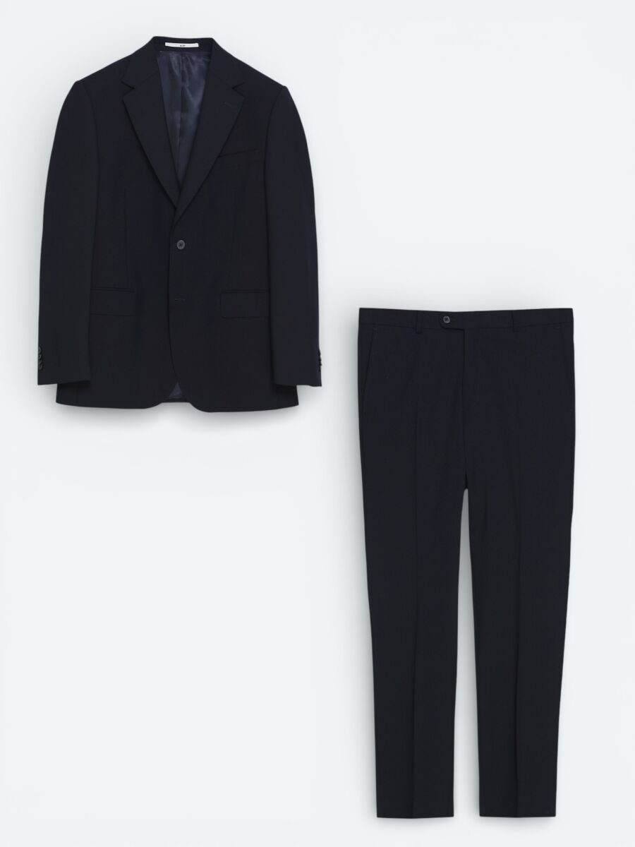 Navy Blue Plain Wool Blended Suit - 1