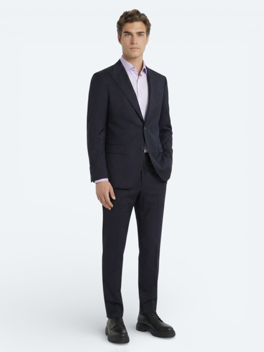 Navy Blue Plain Zeroweight Slim Fit Wool Blended Suit - 3