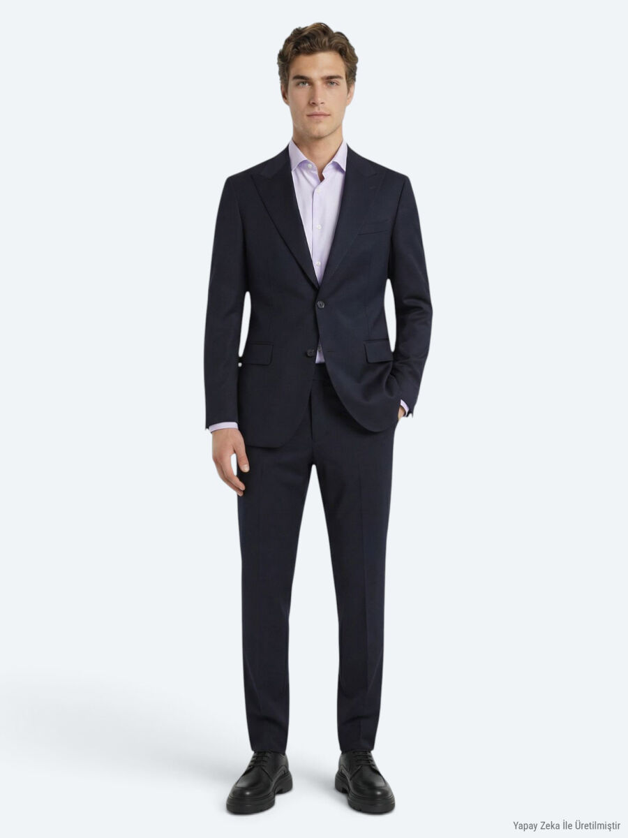 Navy Blue Plain Zeroweight Slim Fit Wool Blended Suit - 1