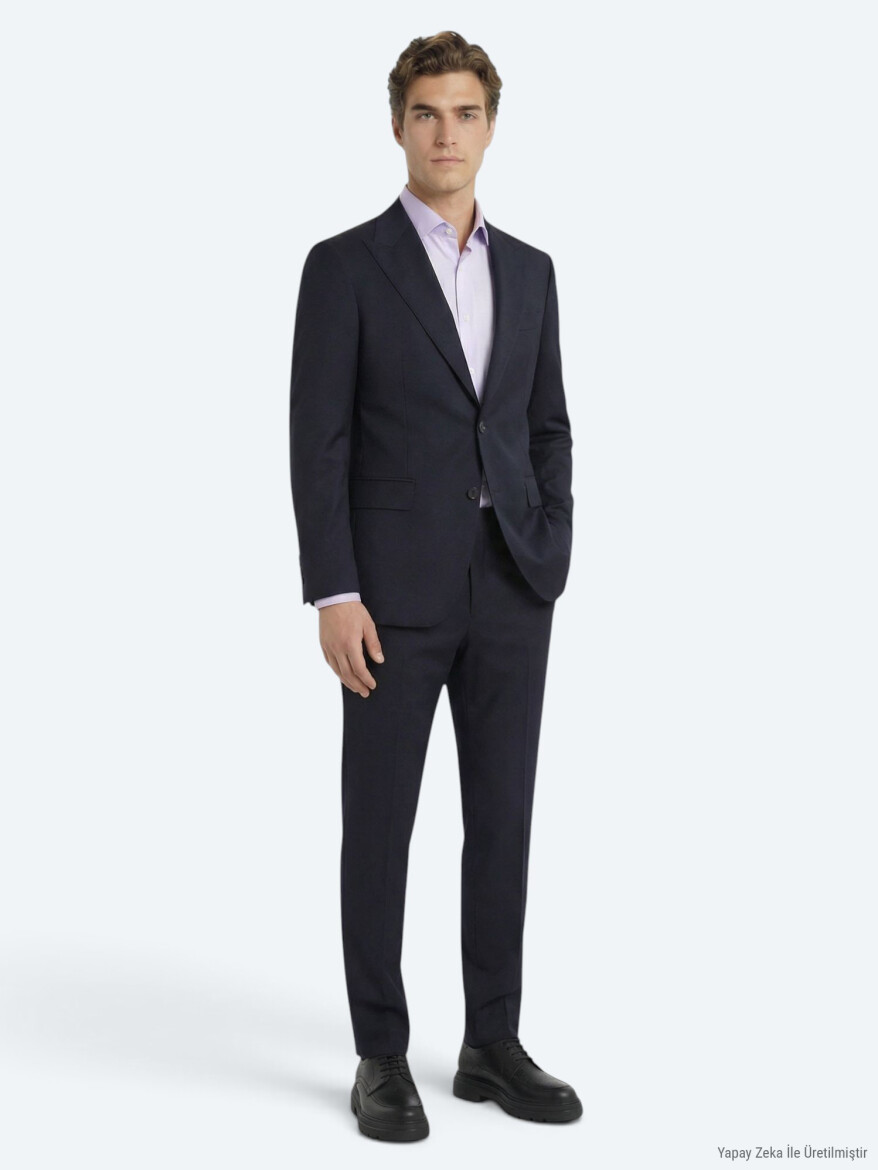 Navy Blue Plain Zeroweight Slim Fit Wool Blended Suit - 3