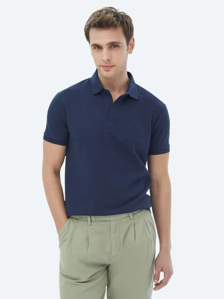 Navy Blue Polo Neck 100% Cotton T-Shirt - 2