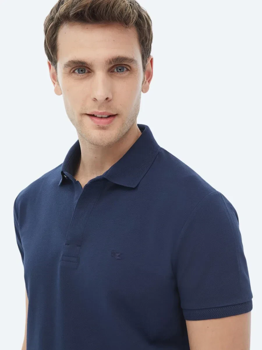 Navy Blue Polo Neck 100% Cotton T-Shirt - 5