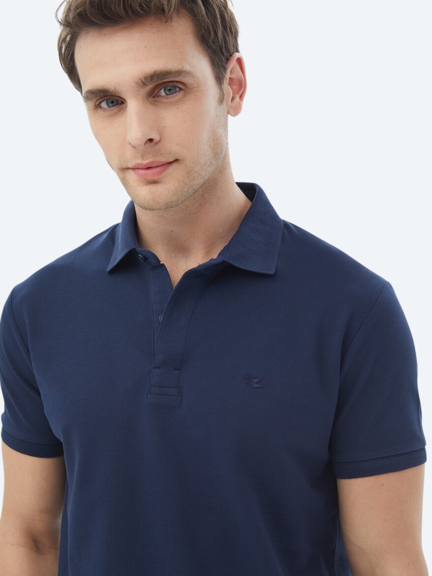 Navy Blue Polo Neck 100% Cotton T-Shirt - 1