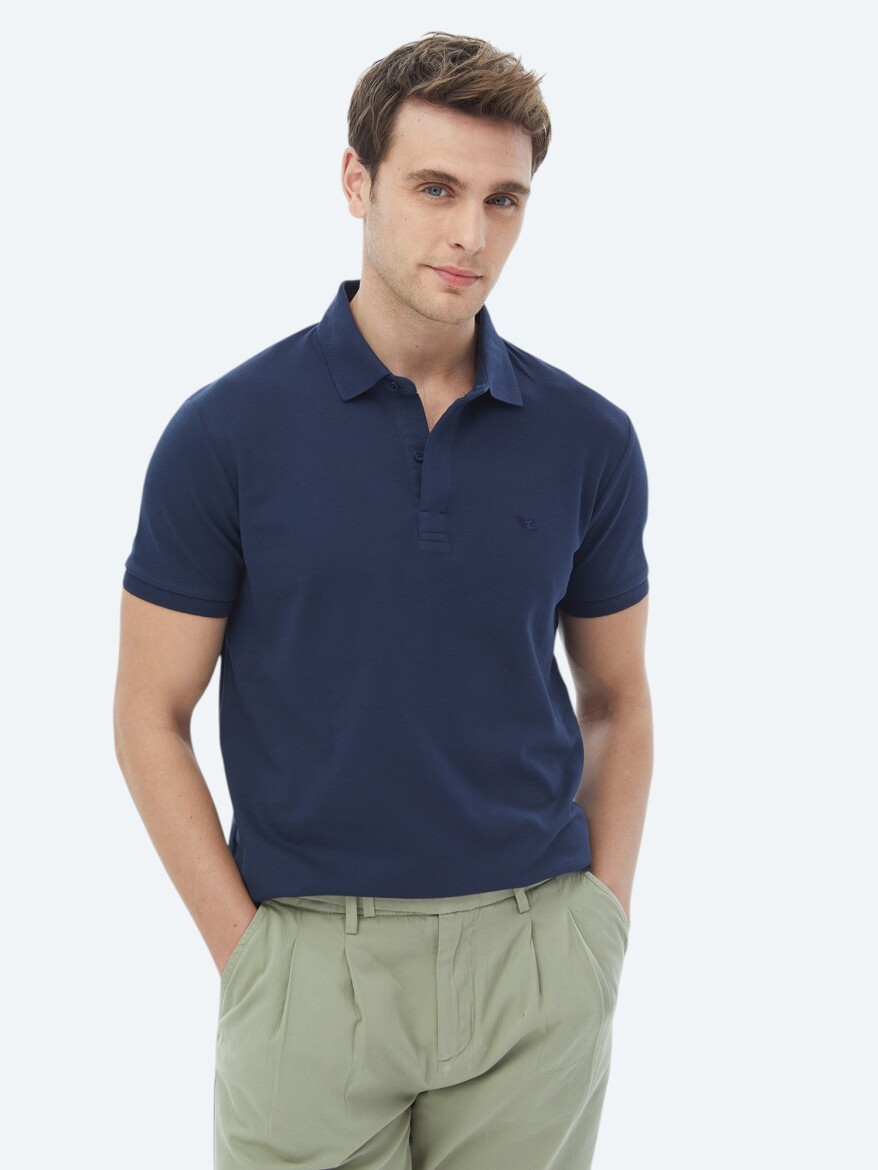 Navy Blue Polo Neck 100% Cotton T-Shirt - 3