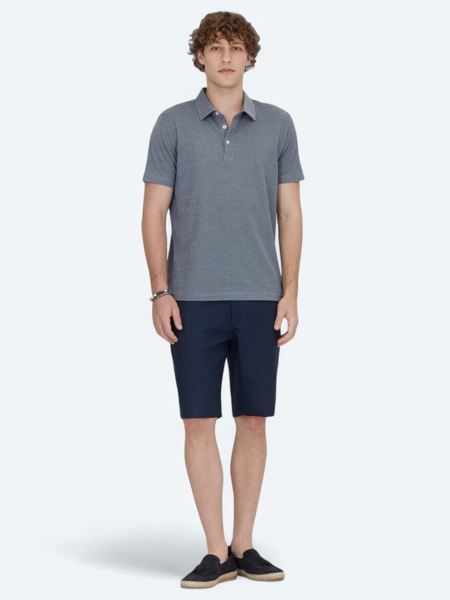 Navy Blue Polo Neck Cotton Blended T-Shirt - 2