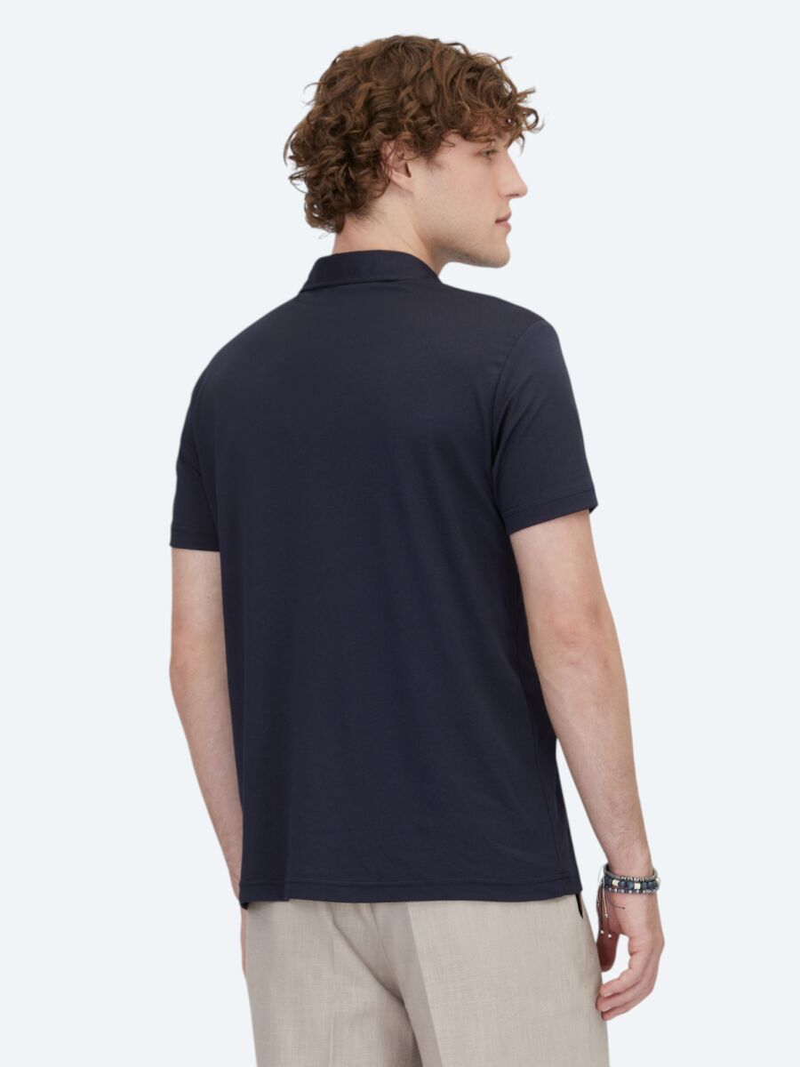 Navy Blue Polo Neck Cotton Blended T-Shirt - 5