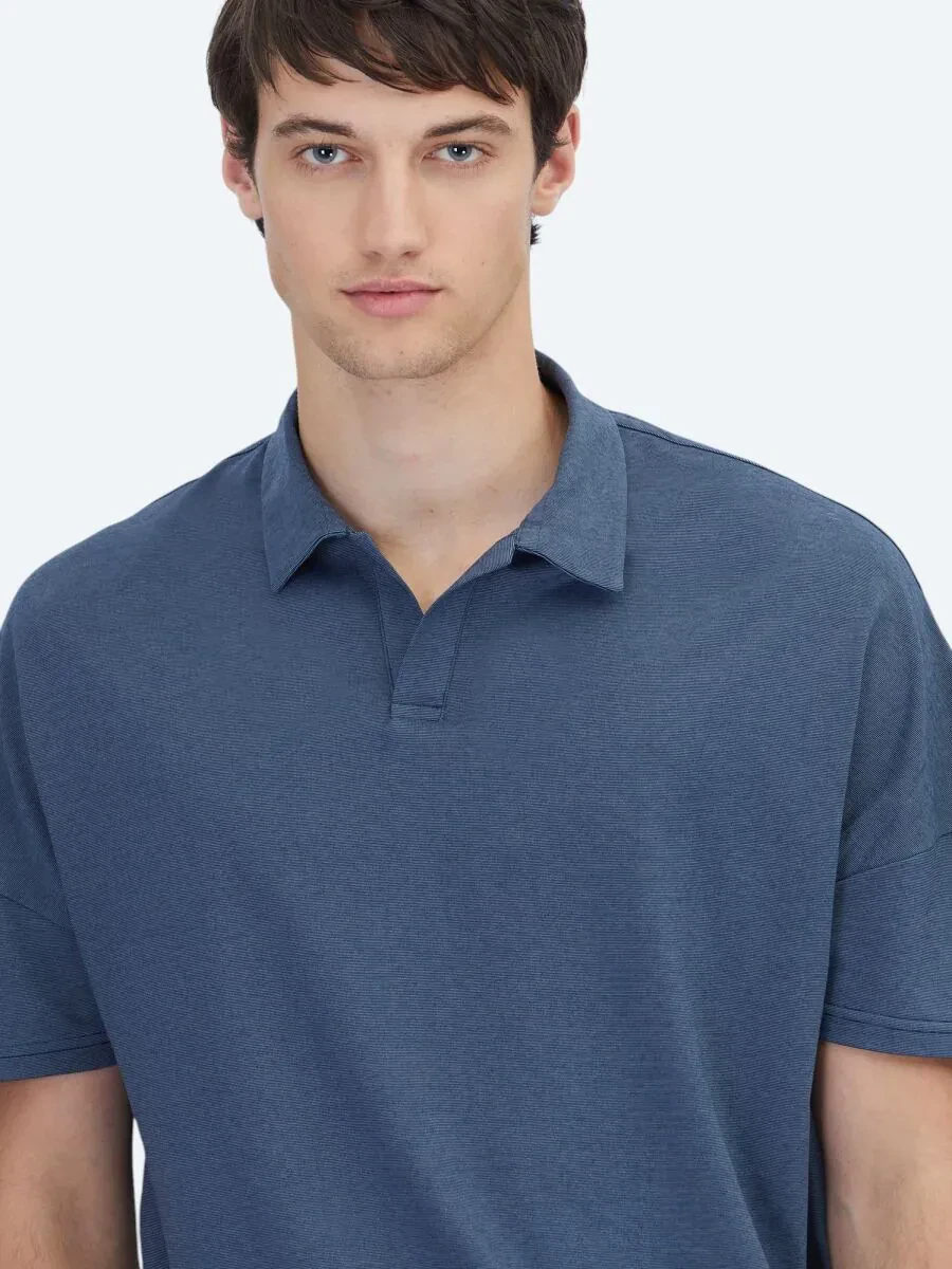 Navy Blue Polo Neck Cotton Blended T-Shirt - 4