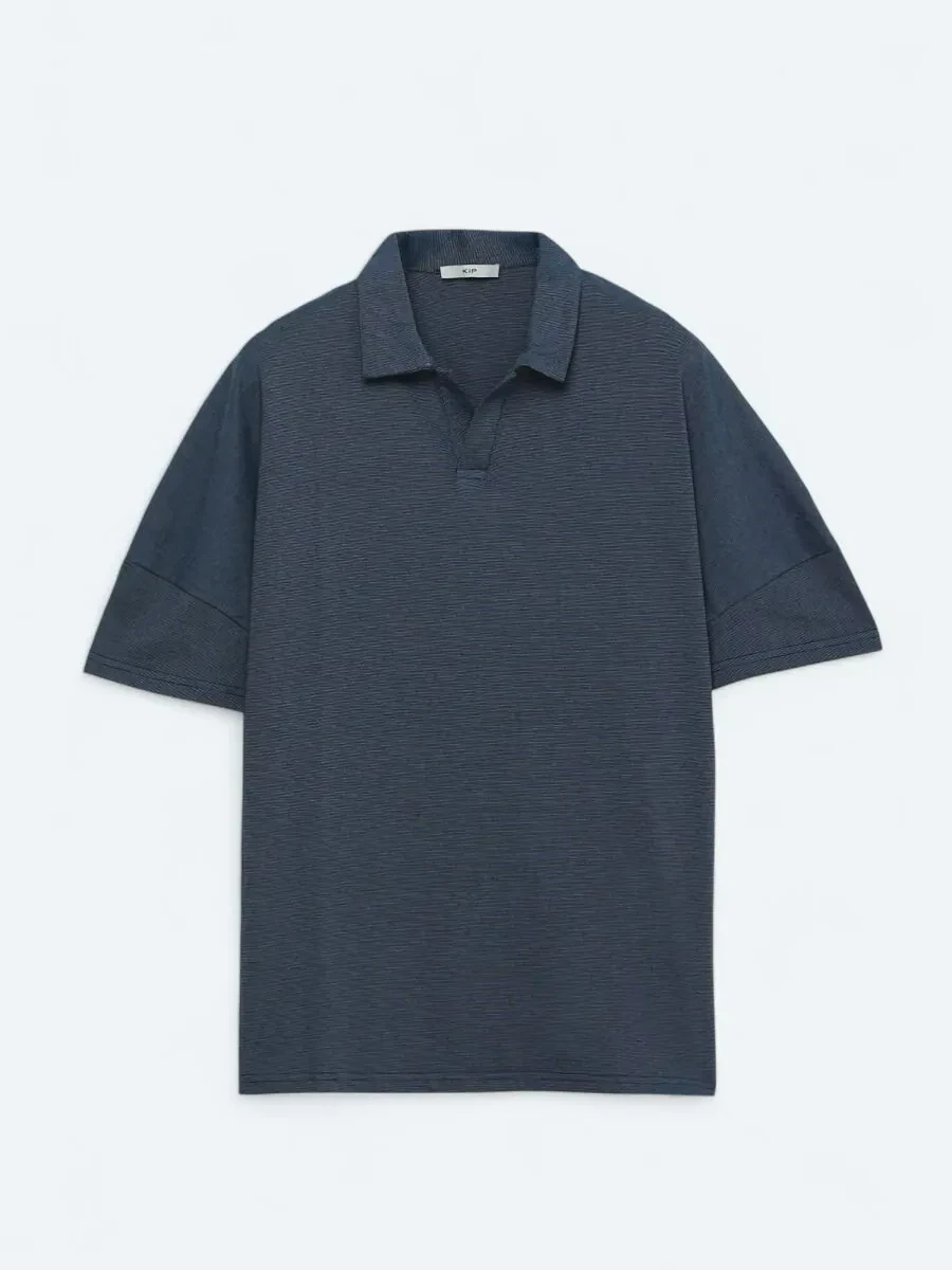 Navy Blue Polo Neck Cotton Blended T-Shirt - 6