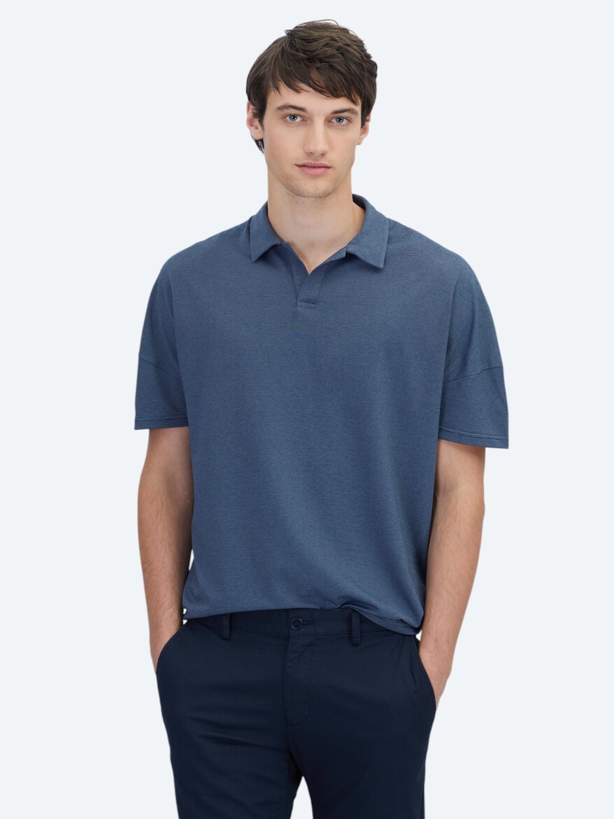 Navy Blue Polo Neck Cotton Blended T-Shirt - 1