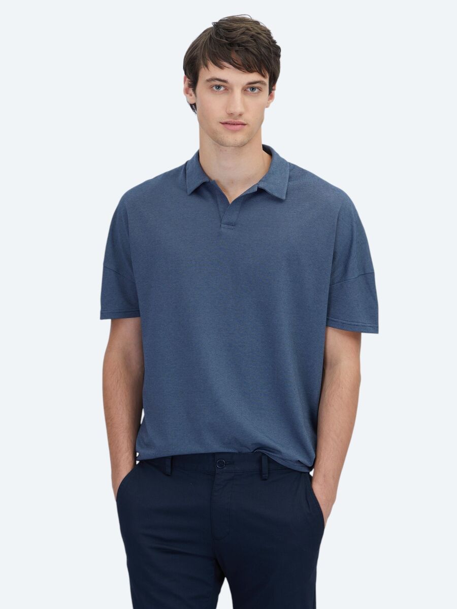 Navy Blue Polo Neck Cotton Blended T-Shirt - 1