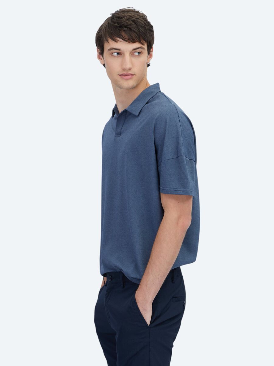 Navy Blue Polo Neck Cotton Blended T-Shirt - 3