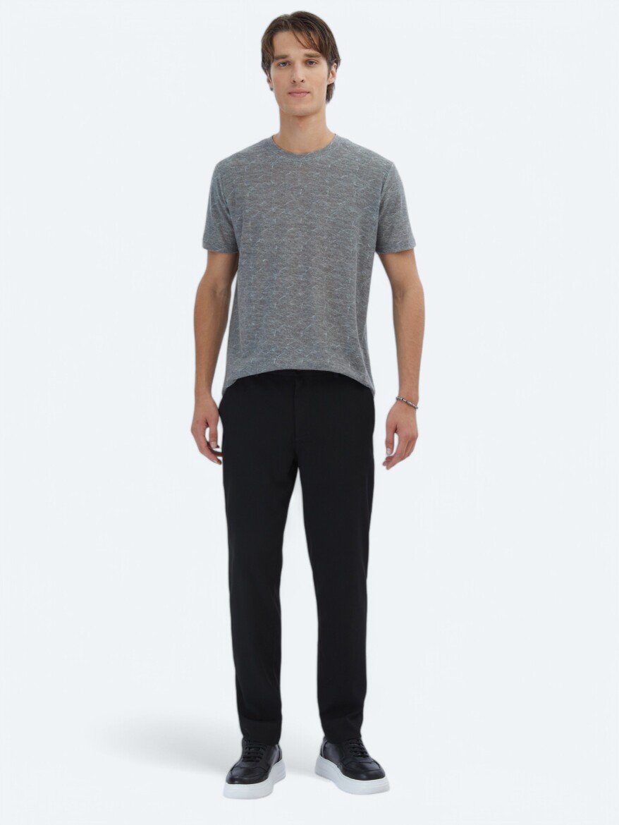 Navy Blue Printed Crew Neck Cotton Blended T-Shirt - KİP