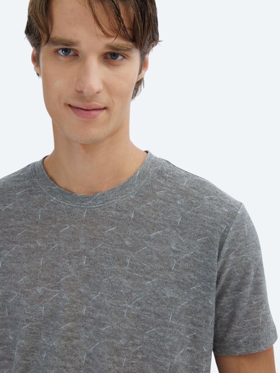 Navy Blue Printed Crew Neck Cotton Blended T-Shirt - 3