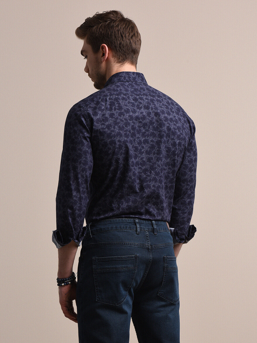 Navy Blue Printed Slim Fit Long Weaving Casual 100% Cotton Shirt - 4