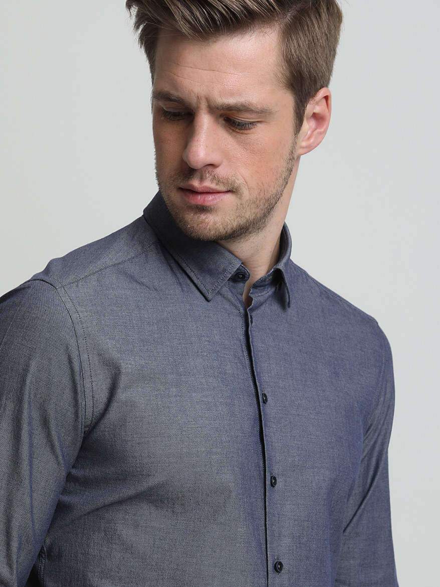 Navy Blue Printed Slim Fit Long Weaving Casual 100% Cotton Shirt - 2