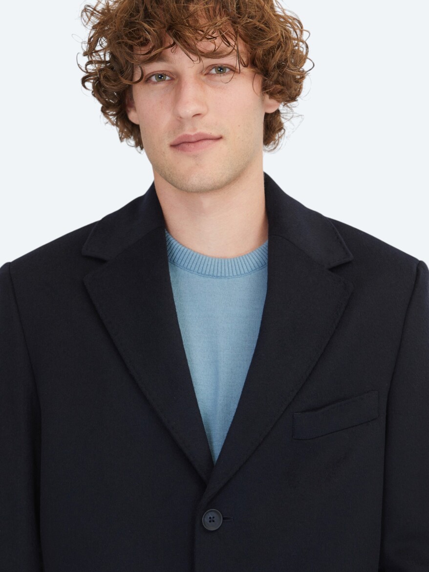 Navy Blue Regular Fit Butterfly Collar Classical Weaving Overcoat - 3