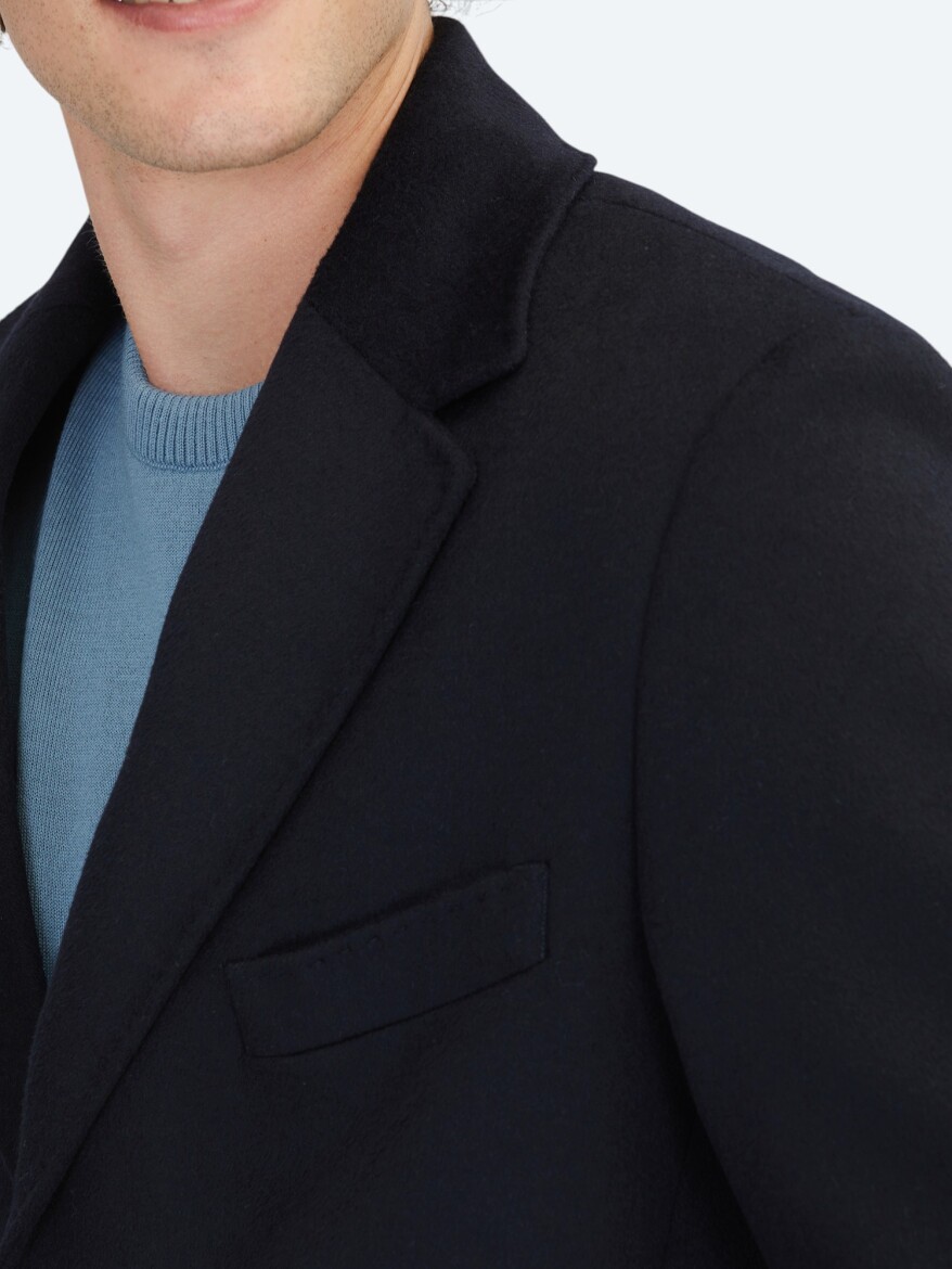 Navy Blue Regular Fit Butterfly Collar Classical Weaving Overcoat - 4