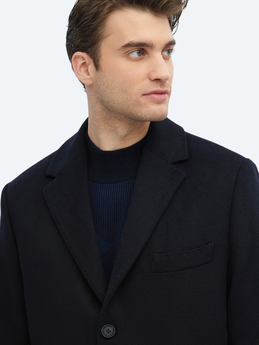 Navy Blue Regular Fit Butterfly Collar Classical Weaving Overcoat - 3