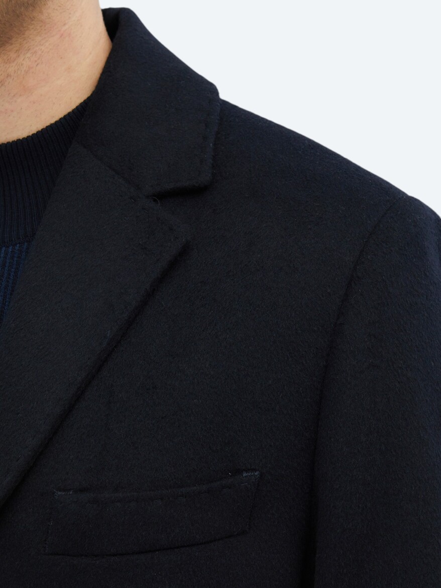 Navy Blue Regular Fit Butterfly Collar Classical Weaving Overcoat - 4