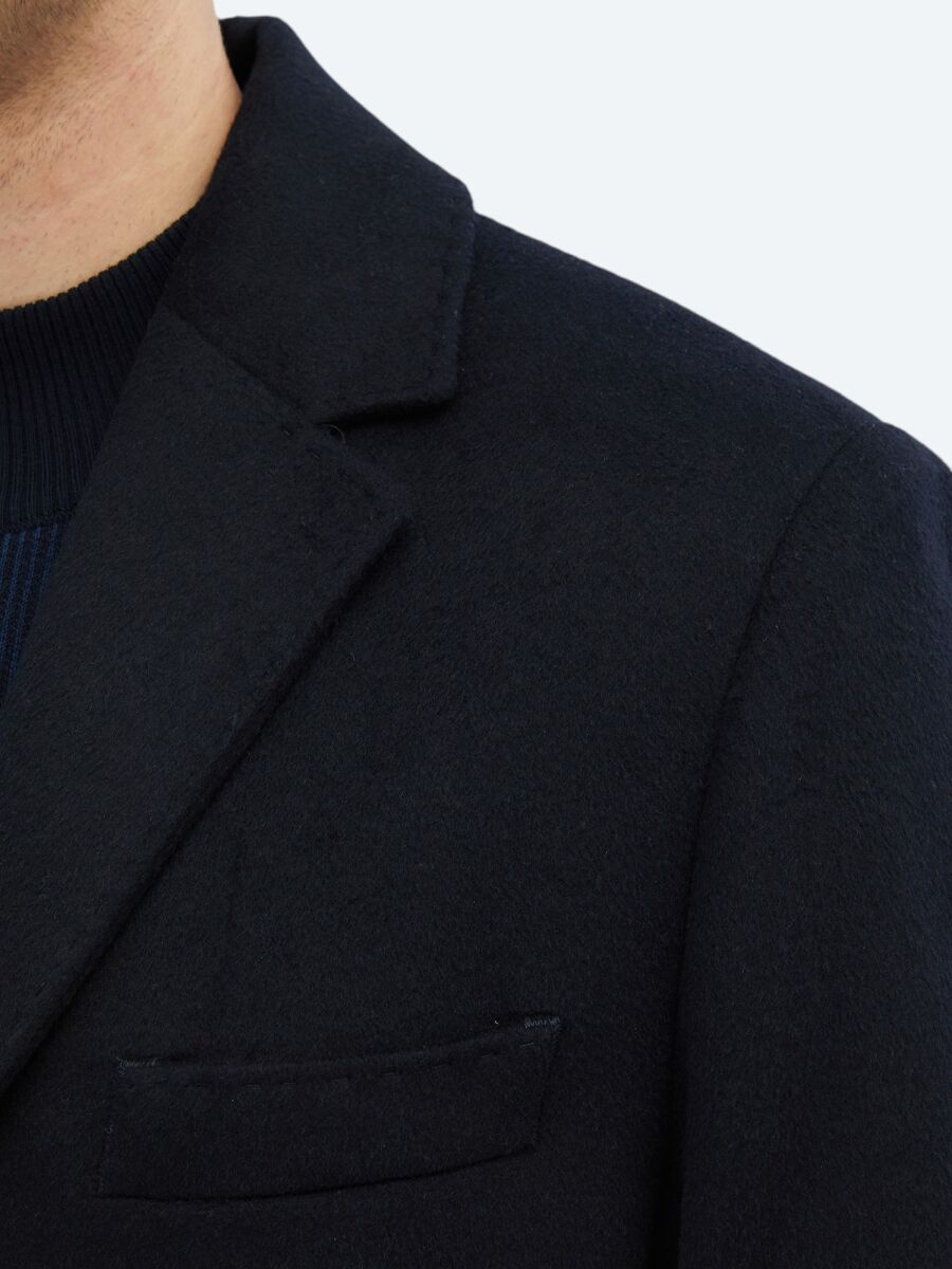 Navy Blue Regular Fit Butterfly Collar Classical Weaving Overcoat - 4