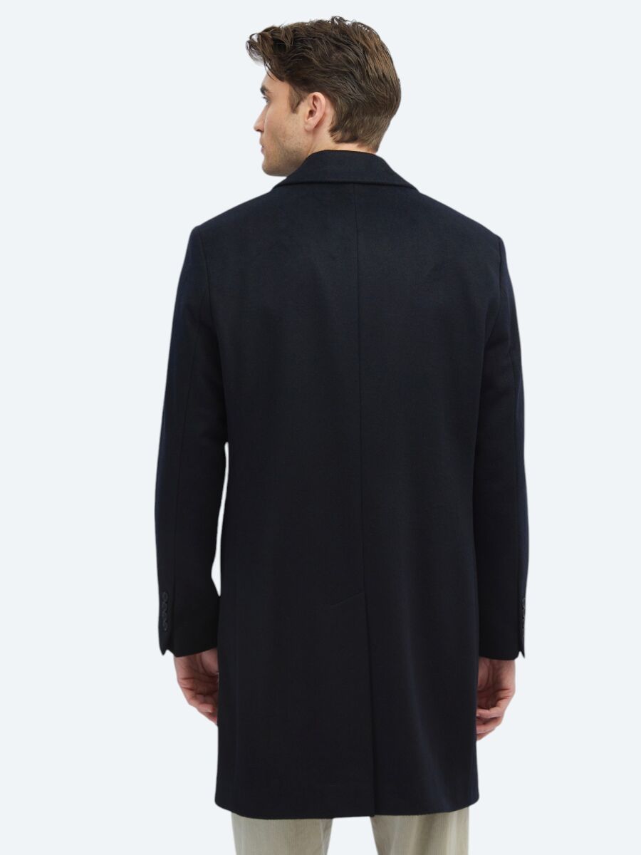 Navy Blue Regular Fit Butterfly Collar Classical Weaving Overcoat - 5