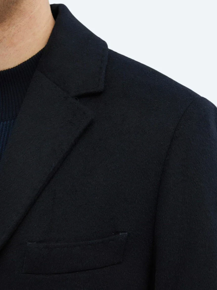 Navy Blue Regular Fit Butterfly Collar Classical Weaving Overcoat 