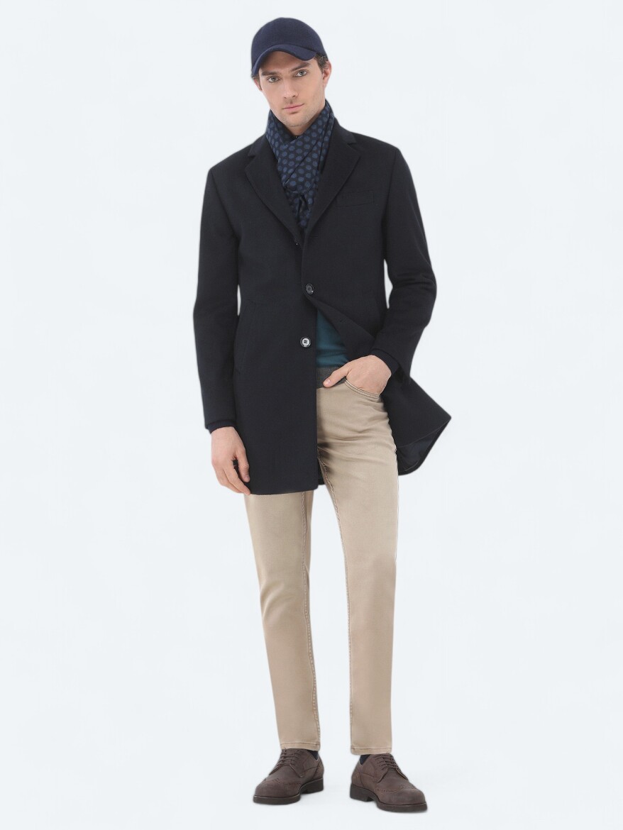 Navy Blue Regular Fit Butterfly Collar Classical Weaving Overcoat - 1