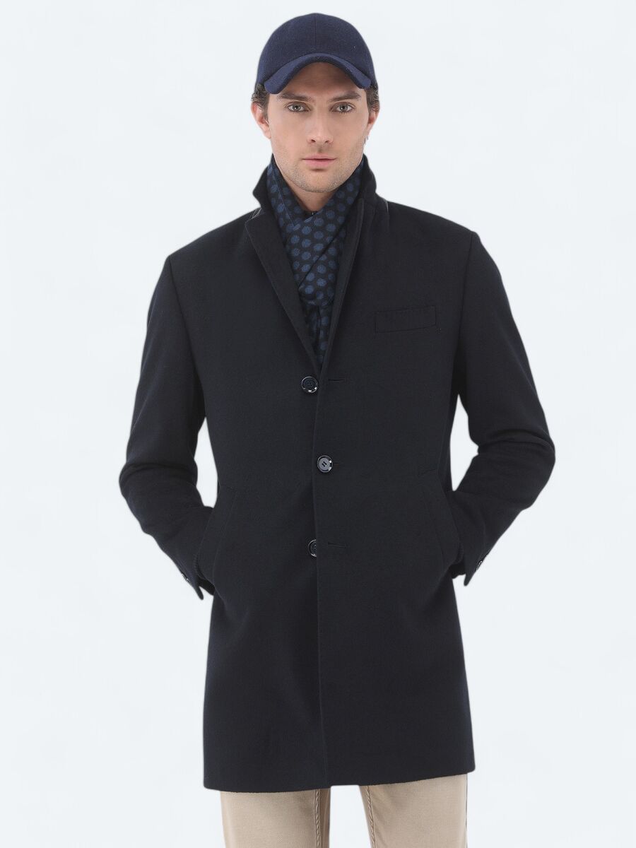 Navy Blue Regular Fit Butterfly Collar Classical Weaving Overcoat - 2