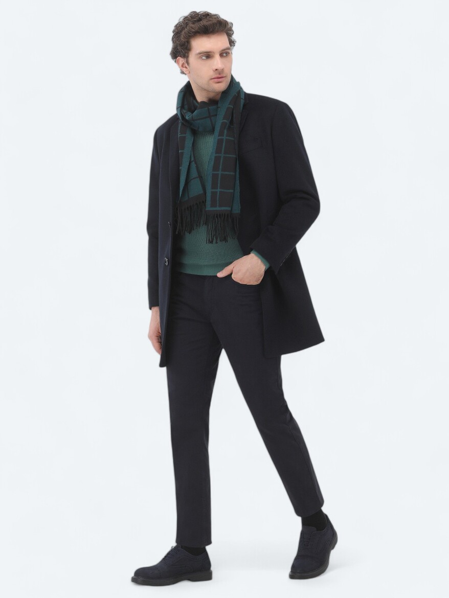 Navy Blue Regular Fit Butterfly Collar Classical Weaving Overcoat - 3