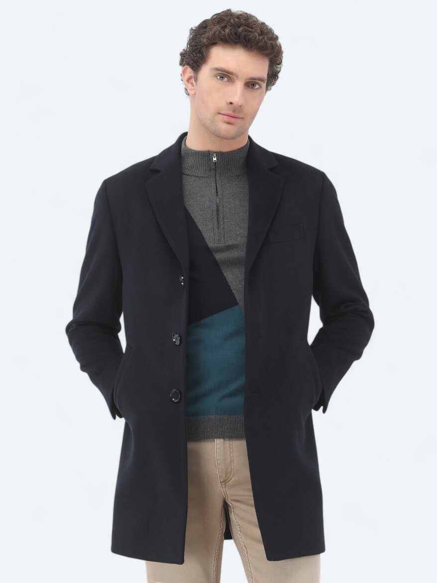 Navy Blue Regular Fit Butterfly Collar Classical Weaving Overcoat - 4