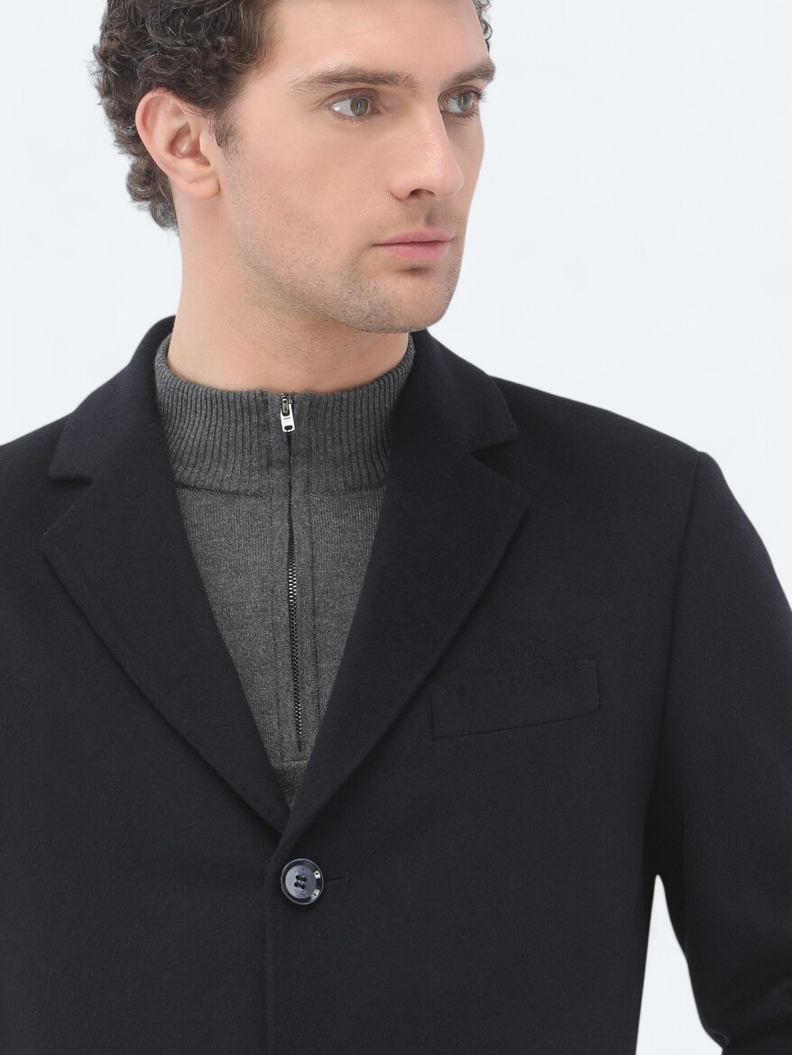 Navy Blue Regular Fit Butterfly Collar Classical Weaving Overcoat - 7