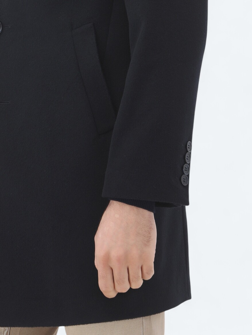 Navy Blue Regular Fit Butterfly Collar Classical Weaving Overcoat - 8