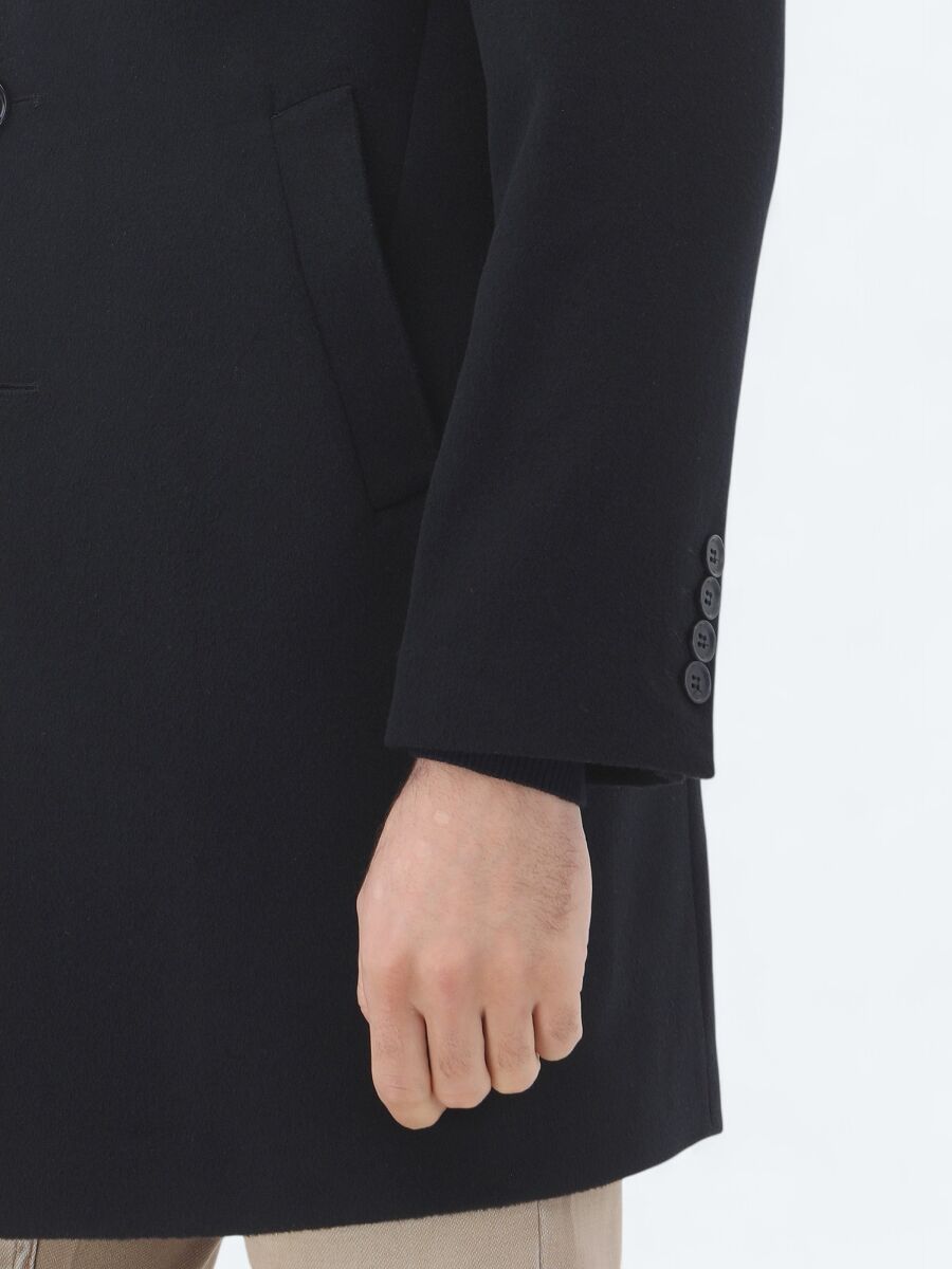 Navy Blue Regular Fit Butterfly Collar Classical Weaving Overcoat - 8