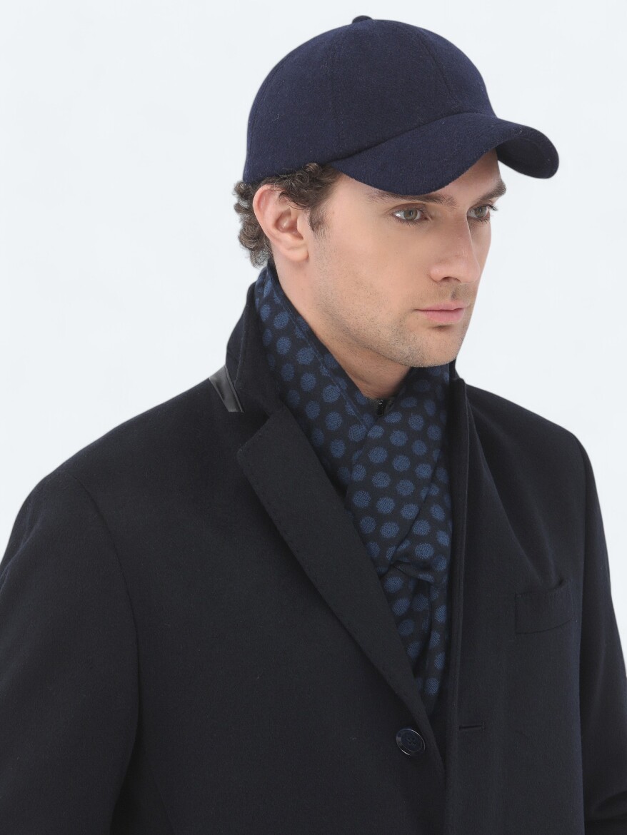 Navy Blue Regular Fit Butterfly Collar Classical Weaving Overcoat - 9