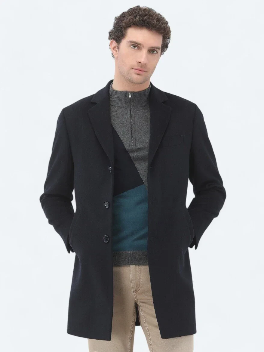 Navy Blue Regular Fit Butterfly Collar Classical Weaving Overcoat 
