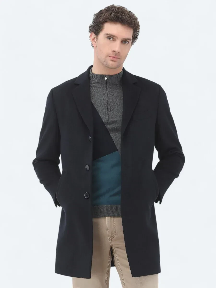 Navy Blue Regular Fit Butterfly Collar Classical Weaving Overcoat - 4