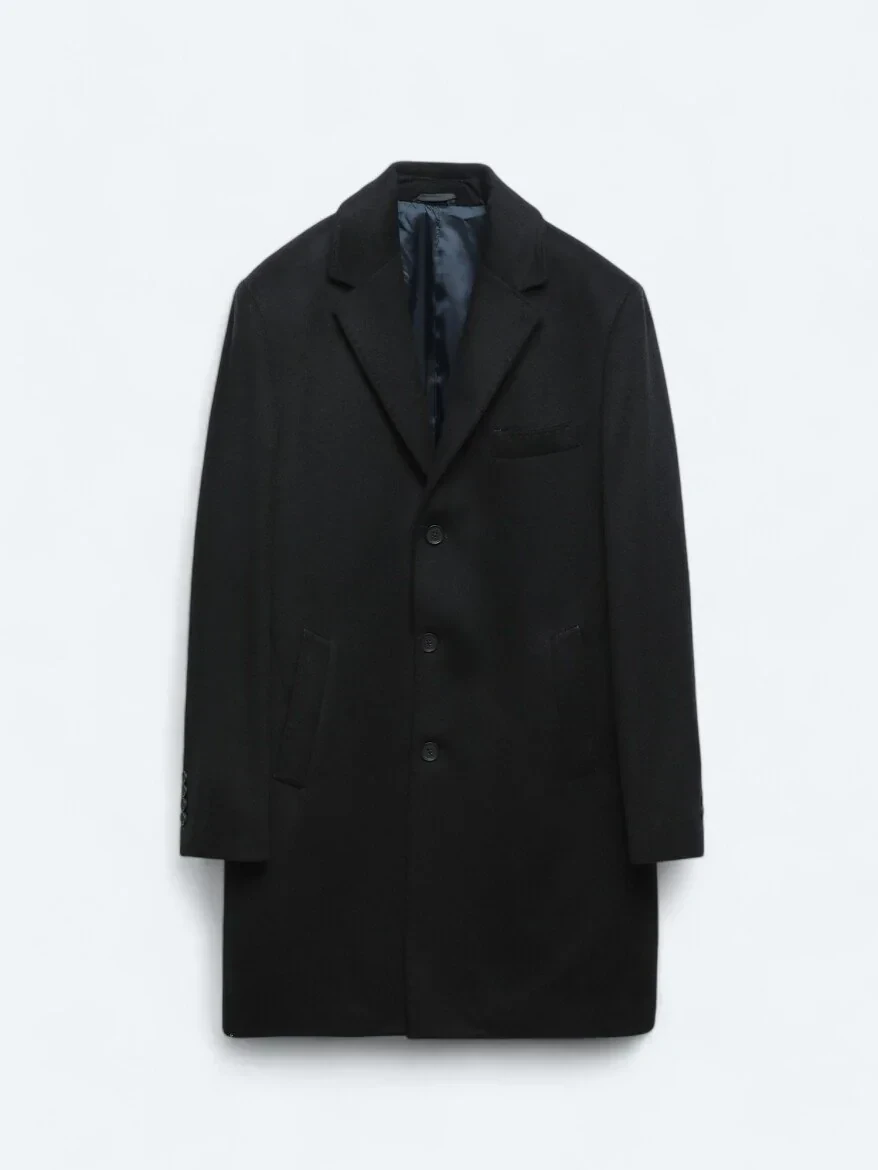 Navy Blue Regular Fit Butterfly Collar Classical Weaving Overcoat - 11