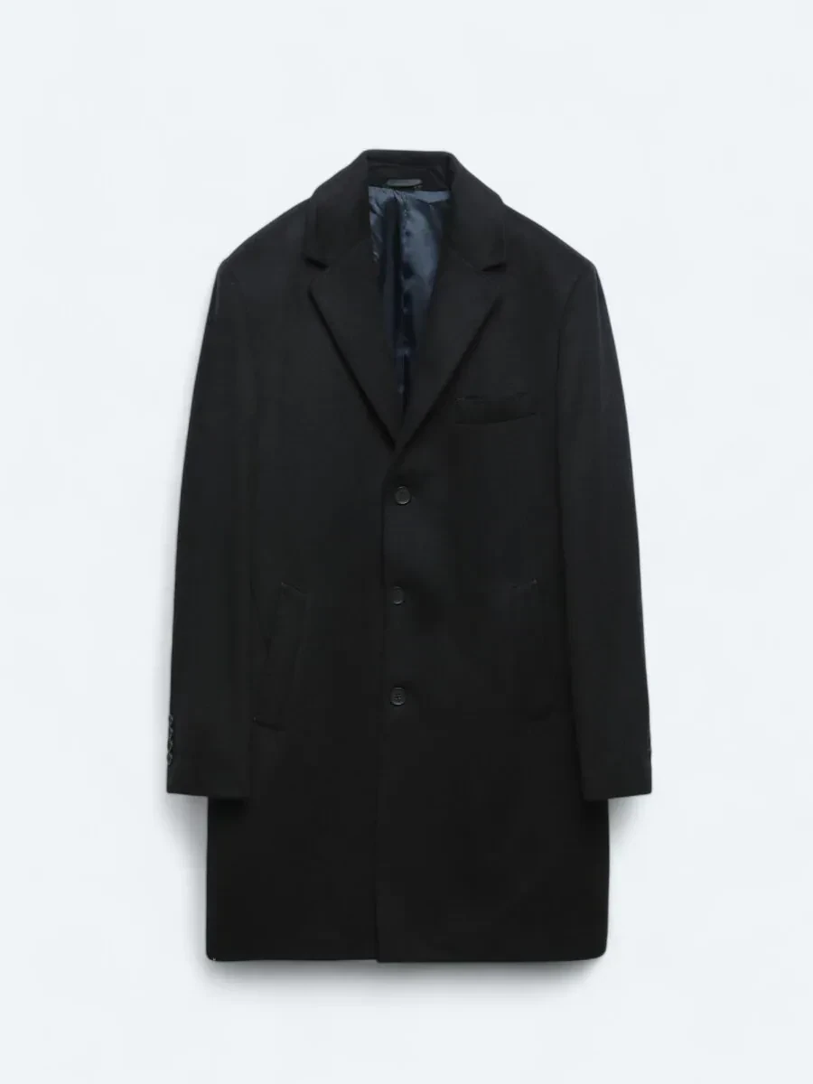 Navy Blue Regular Fit Butterfly Collar Classical Weaving Overcoat - 11